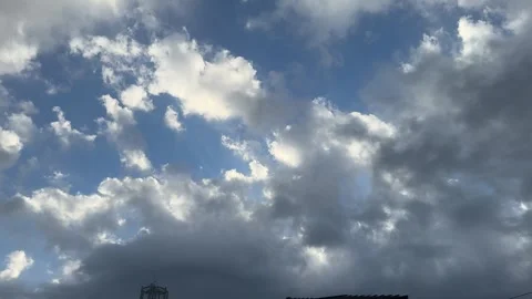 Big drifting clouds and two small birds in a July morning sky over Japan Stock Footage 339684404