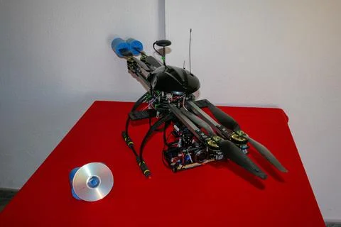 A big drone cargo transport prototype showing different electronic modules. Stock Photos