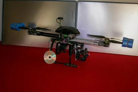 A big drone cargo transport prototype showing different electronic modules. Stock Photos