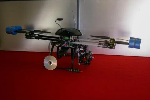 A big drone cargo transport prototype showing different electronic modules. Stock Photos