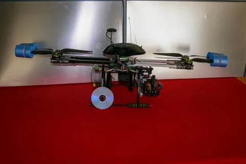 A big drone cargo transport prototype showing different electronic modules. Stock Photos