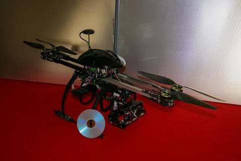 A big drone cargo transport prototype showing different electronic modules. Stock Photos