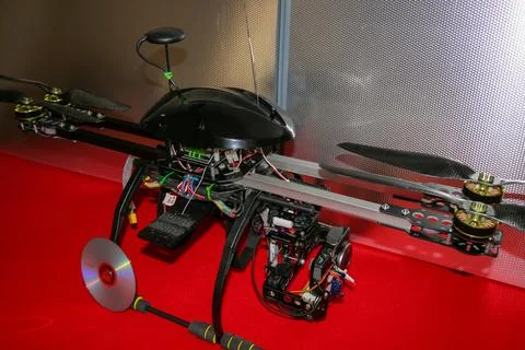 A big drone cargo transport prototype showing different electronic modules. Stock Photos