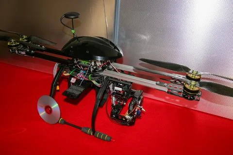 A big drone cargo transport prototype showing different electronic modules. Stock Photos