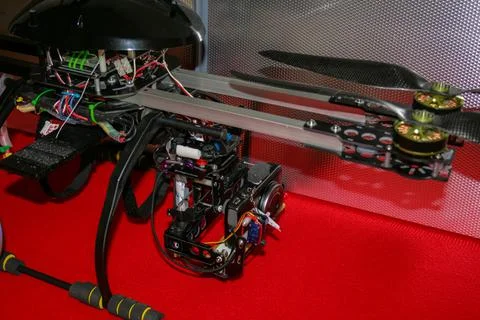 A big drone cargo transport prototype showing different electronic modules. Stock Photos