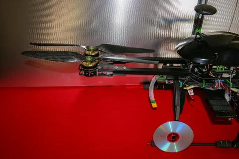 A big drone cargo transport prototype showing different electronic modules. Stock Photos