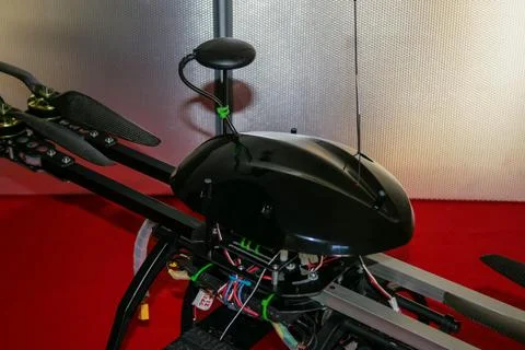 A big drone cargo transport prototype showing different electronic modules. Stock Photos