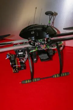 A big drone cargo transport prototype showing different electronic modules. Stock Photos