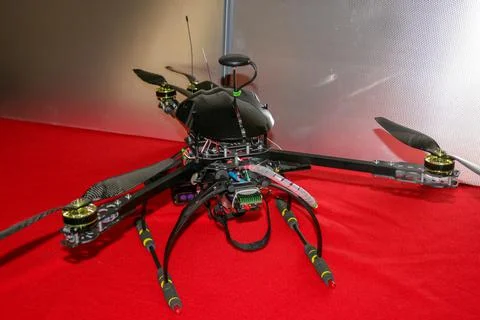 A big drone cargo transport prototype showing different electronic modules. Stock Photos