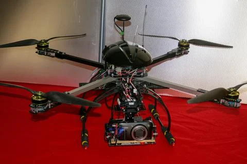 A big drone cargo transport prototype showing different electronic modules. Stock Photos