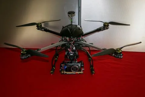 A big drone cargo transport prototype showing different electronic modules. Stock Photos