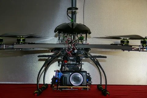 A big drone cargo transport prototype showing different electronic modules. Stock Photos