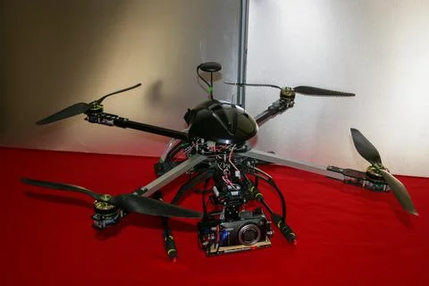 A big drone cargo transport prototype showing different electronic modules. Stock Photos