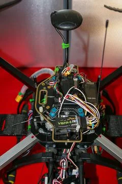 A big drone cargo transport prototype showing different electronic modules. Stock Photos