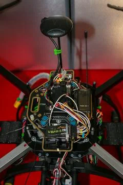 A big drone cargo transport prototype showing different electronic modules. Stock Photos