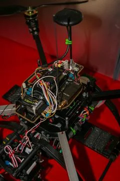 A big drone cargo transport prototype showing different electronic modules. Stock Photos