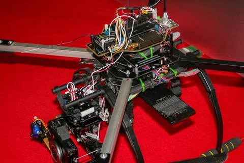 A big drone cargo transport prototype showing different electronic modules. Stock Photos