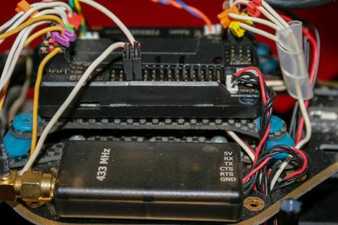 A big drone cargo transport prototype showing different electronic modules. Stock Photos