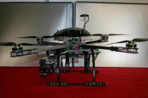 A big drone cargo transport prototype showing different electronic modules. Stock Photos