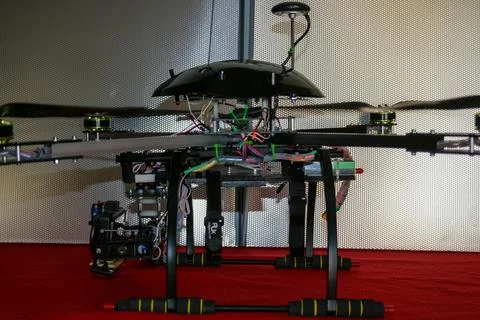 A big drone cargo transport prototype showing different electronic modules. Stock Photos