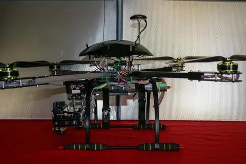 A big drone cargo transport prototype showing different electronic modules. Stock Photos