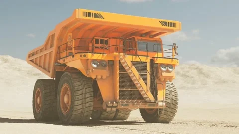 Big dump truck driving through the middle of a vast sand quarry in a loop. 4KHD Video stock 133383153