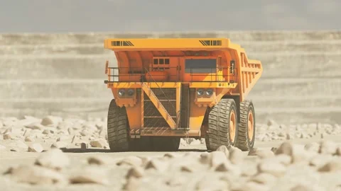 Big dump truck driving through the middle of a vast sand quarry far away. 4KHD Stock Footage 133383355