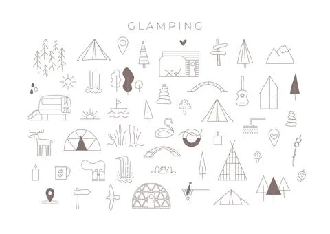 Big easily changed line glamping illustrations set for create template design. Stock Illustration