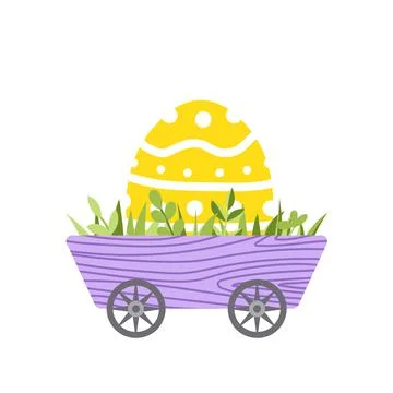 Big Easter egg in cart. Garden Easter wooden wheelbarrow. Flat, cartoon Stock Illustration