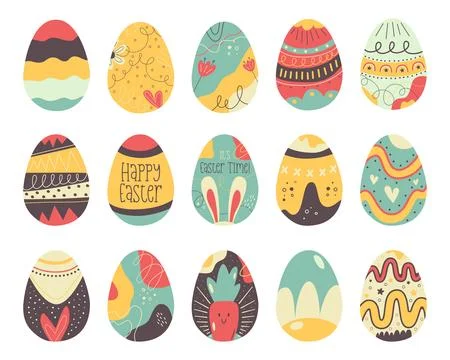 Big Easter egg collection designs. Easter holiday eggs hunt in colorful flat Stock Illustration