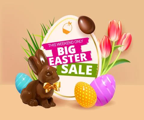 Big Easter Sale. Festive background design with realistic colorful eggs, easter Stock Illustration