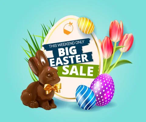 Big Easter Sale. Festive background design with realistic colorful eggs, easter Stock Illustration