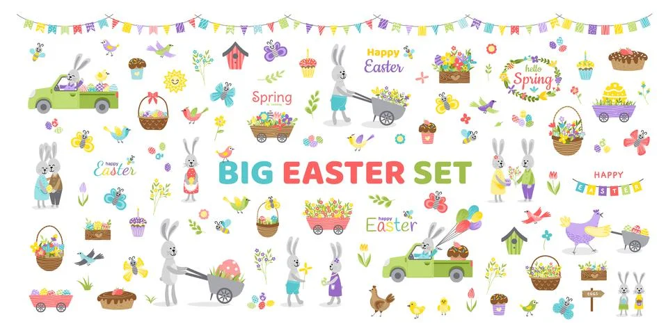 Big Easter spring set. Bunnies, eggs, flowers, basket, bird, car, flag, chick Stock Illustration