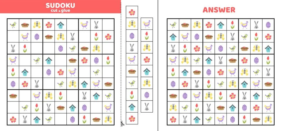 Big Easter sudoku with easter elements. Game puzzle for kids. Cut and glue 스톡 일러스트