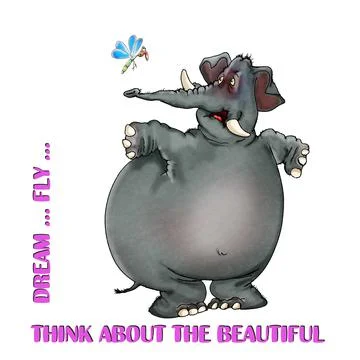 A big elephant, looking at a butterfly, thinks of beauty and dreams of flying Stock Illustration