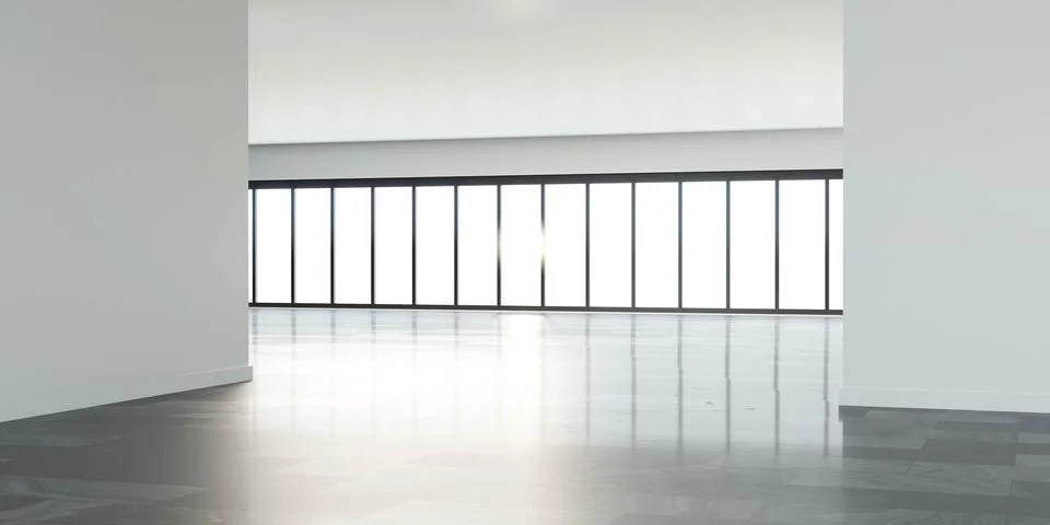 Big empty loft office windows, empty work space with building view and bright Ilustración de archivo