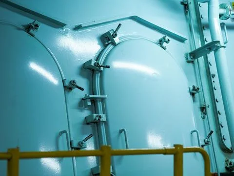 Big engine propeller inside a merchant vessel Foto stock