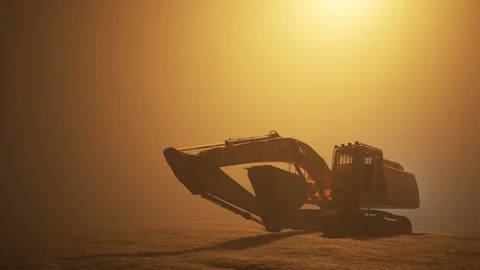 "Big excavator machine working on an empty, dark, foggy construction site. 4KHD" Stock Footage 94589788