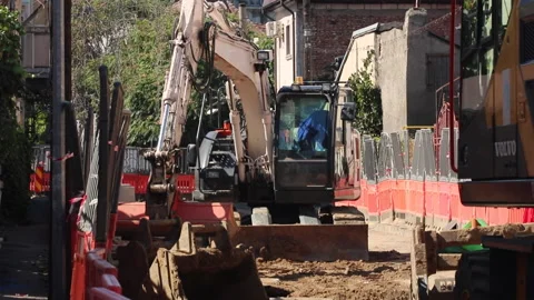 Big excavator on new construction site Stock Footage 218514728