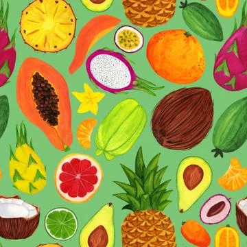 Big exotic fruit seamless pattern on green backdrop Stock Illustration