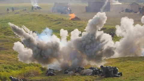 Big explosion Explosion on battlefield in Historical reenactment of WWII Video stock 101218060