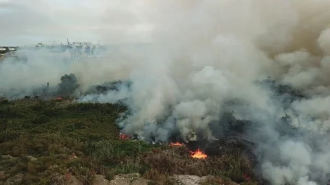 Big fire in the field, view from the drone Stock Footage 123241696
