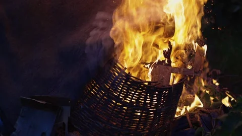 A big fire, firewood and garbage are burning. There was a fire at night Stock Footage 250028176
