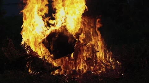A big fire, firewood and garbage are burning. There was a fire at night Stock Footage 250028207