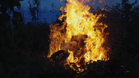 A big fire, firewood and garbage are burning. There was a fire at night Stock Footage 250028286