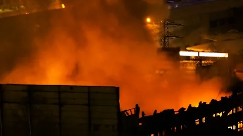 Big fire in store at night. Stock Footage 80042793