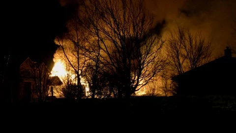 Big Fire of Two Houses Burning During the Night. Huge Flames. Stock Footage 129606671