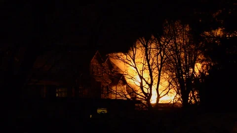 Big Fire of Two Houses Burning During the Night. Huge Flames. Stock Footage 129606751