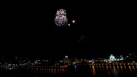 Big firework over the city. Beautiful big firework over the river Stock Footage