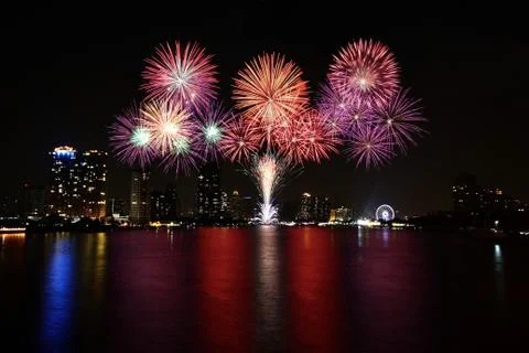 Big firework over the river Stock Photos